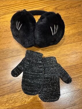 Black Faux Fur Kids Earmuffs and Knit Mittens Set